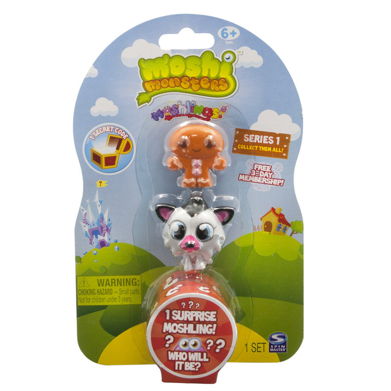 MOSHI MONSTERS: Inside a three-pack, you’ll find three Moshlings and a secret code. When kids go online, they can use the code to retrieve a special item for their Moshi Monster. Sets vary; the three-pack costs $4.79 on toysrus.com.