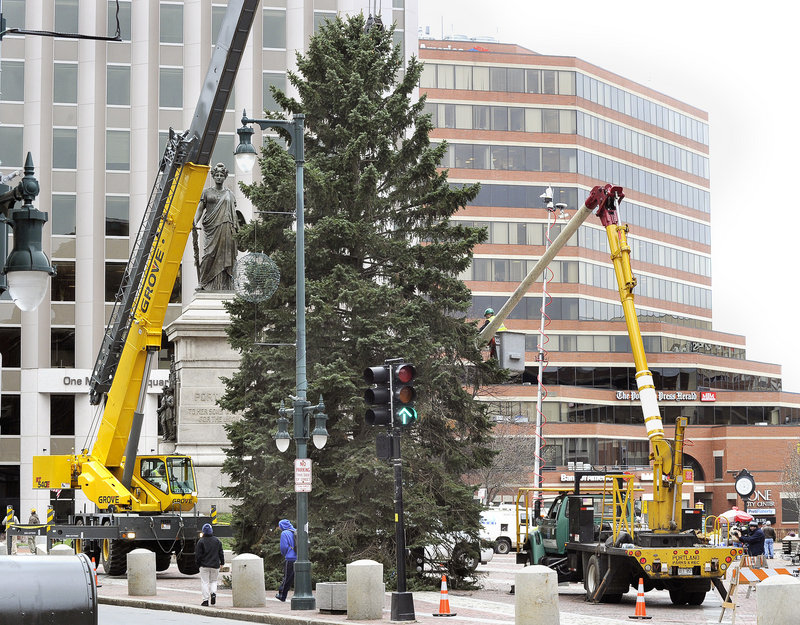 The annual lighting of the Christmas tree in Portland's Monument Square will be held on Friday. The tree is shown here being lowered into place in the square last week. Events, including entertainment by Rick Charette and the Bubble Gum Band, kick off at 5:30 p.m. Hannah Storey, an 11-year-old Make-A-Wish child from Cumberland, will flip the switch.