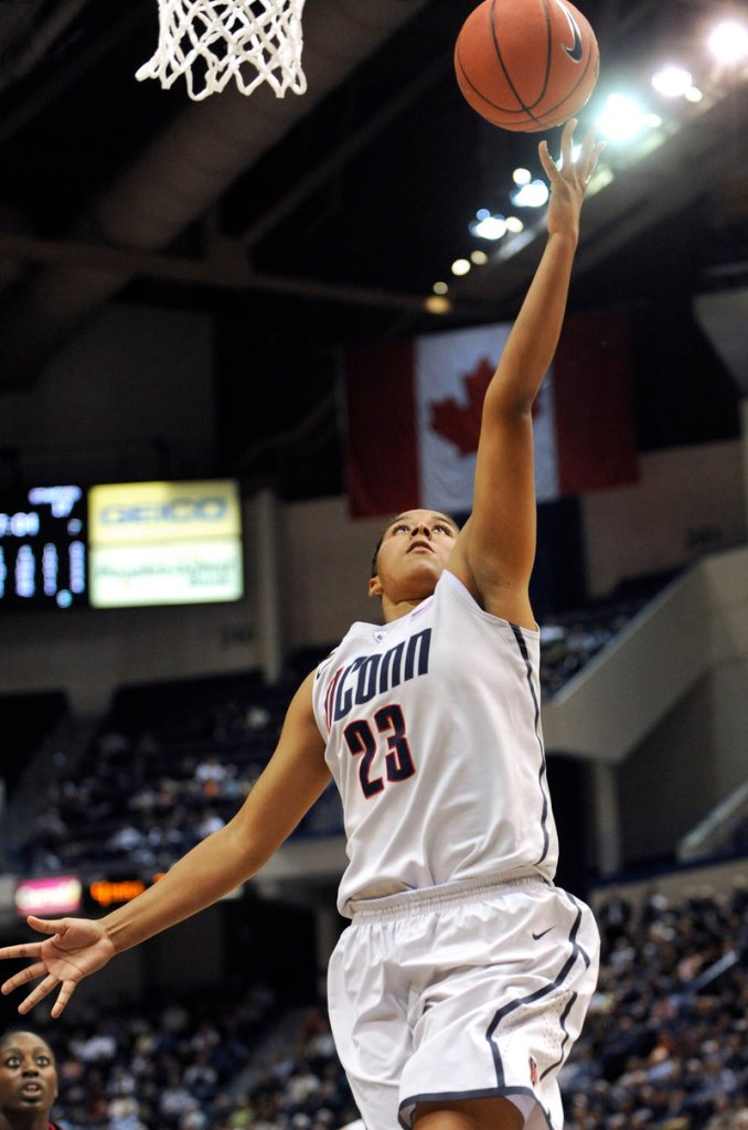 Kaleena Mosqueda-Lewis of UConn scores in the first half Monday night against Stanford.