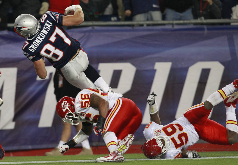 Ron Gronkowski was an offensive force Monday night for the New England Patriots in their, 34-3 victory against the Kansas City Chiefs. Gronkowski scored on pass plays of 52 and 19 yards from quarterback Tom Brady, bulling his way to the end zone both times to help the Pats improve to 7-3.