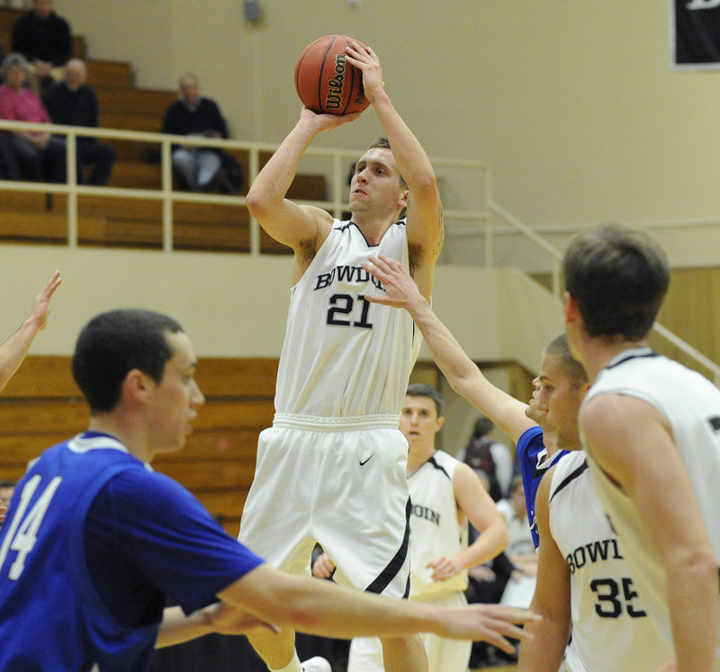 Ryan O'Connell, who finished with 19 points Tuesday night for Bowdoin, finds room to shoot during the 70-68 loss to St. Joseph's. The Monks improved to 2-1 and sent the Polar Bears to their first loss after two victories.