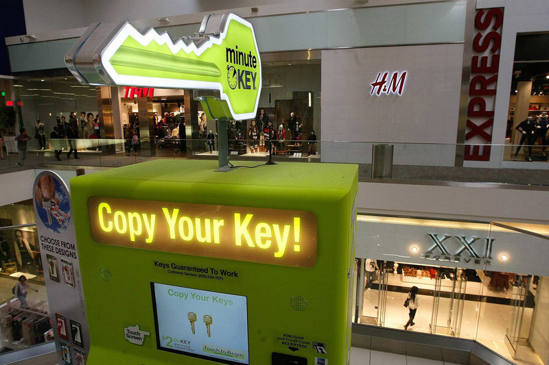 A key duplication machine is available for customers to use at the Westfield Culver City shopping center in Culver City, Calif. As retail spending has gradually shifted to the Internet, enclosed shopping centers best known for department stores, teen apparel chains and shoe shops are increasingly adding services people typically find closer to home, making for a one-stop-shopping experience.