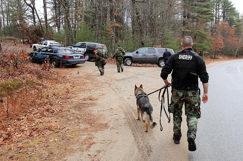 Police officers return to their cars after searching an area off Whichers Mills Road in Alfred today. K-9 teams from the Lisbon and Auburn police departments, the Androscoggin County Sheriff and Maine State Police are among those involved in the search.