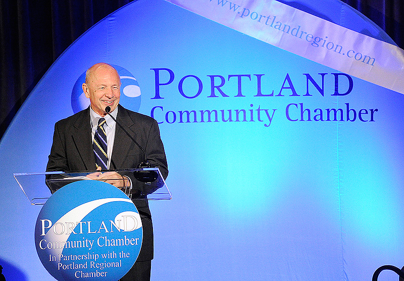 John Patriquin/Staff Photographer. Wednesday, Dec.7, 2011. Newly sworn-in Portland mayor Michael Brennan speaks at Portland Chamber's Eggs and Issues breakfast at the Holiday Inn by the Bay in Portland.