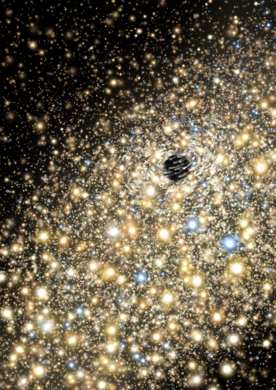 This artist’s conception shows stars moving in the central regions of a giant elliptical galaxy that harbors a supermassive black hole