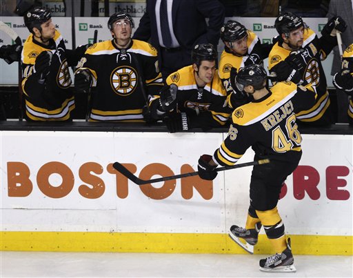 Boston Bruins center David Krejci (46) is congratulated after scoring against Columbus Blue Jackets. Krejci was signed on Thursday, Dec. 1 to a three-year contract extension.