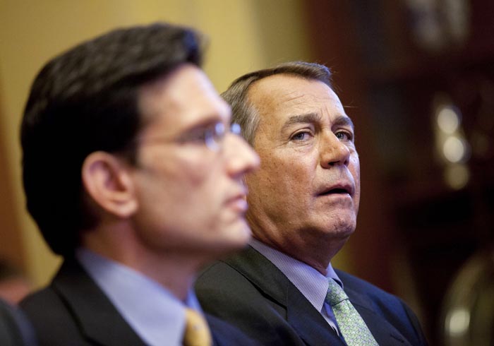 Speaker of the House Rep. John Boehner, R-Ohio, right, and House Majority Leader Rep. Eric Cantor, R-Va., hold a meeting with the conference committee on the payroll tax cut on Wednesday, Dec. 21, 2011 in Washington. (AP Photo/Evan Vucci)
