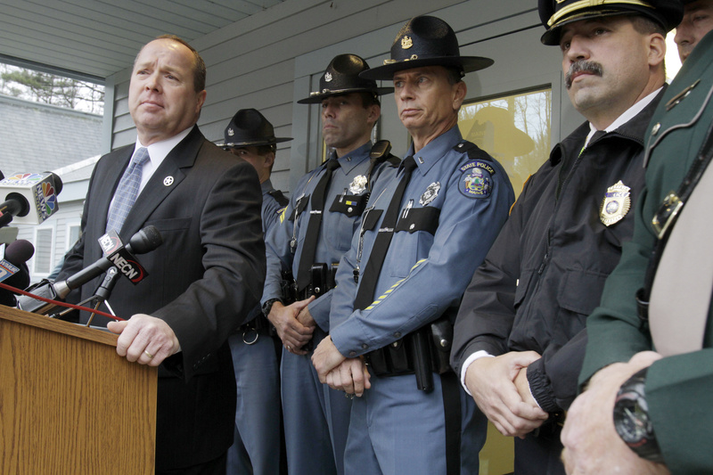 U.S. Marshal David Cargill Jr., far left, fields questions about David Hobson’s capture during a news conference in Alfred on Wednesday.