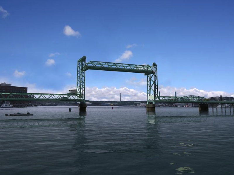 This computer-generated rendering shows the proposed Memorial Bridge in the open position.