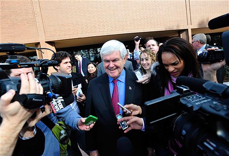 Republican presidential candidate, former House Speaker Newt Gingrich speaks to the media after a business forum, Thursday, Dec. 8, 2011, in Greenville, S.C. (AP Photo/Rainier Ehrhardt)
