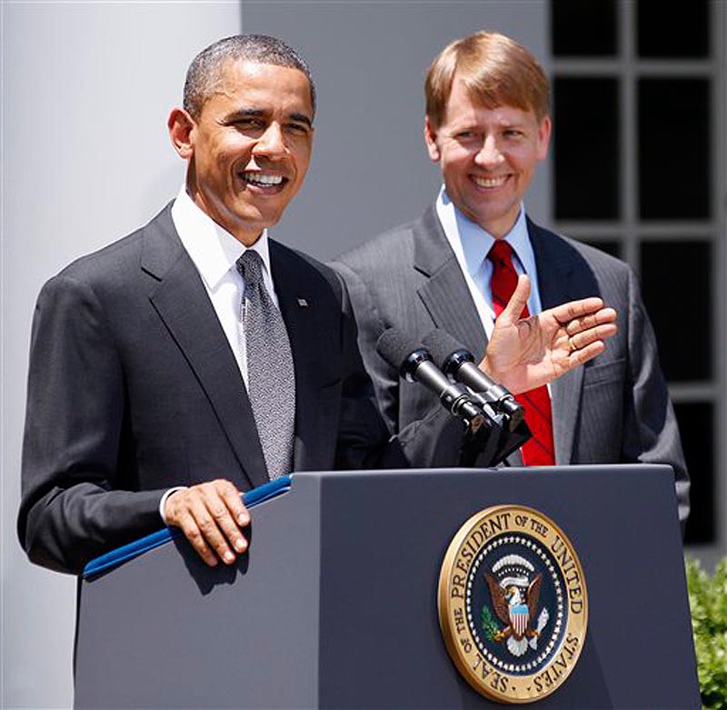 In this July 18, 2011 file photo, President Barack Obama and presidential nominee to serve as the first director of the Consumer Financial Protection Bureau (CFPB), former Ohio Attorney General Richard Cordray are seen in the Rose Garden of the White House in Washington. Senate Republicans have blocked President Barack Obama's choice to head the consumer protection agency that was created after the 2008 financial meltdown. (AP Photo/Manuel Balce Ceneta, File)