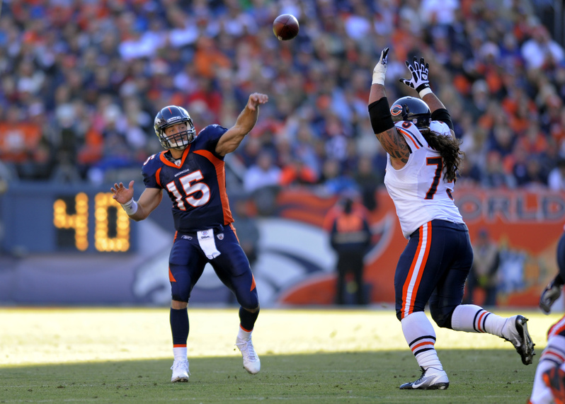 Denver Broncos quarterback Tim Tebow passes in last Sunday's game against the Chicago Bears.