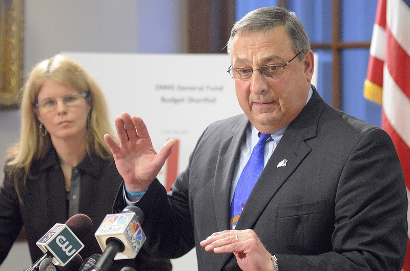Mary Mayhew, the commissioner of the Department of Health & Human Services and Gov. Paul LePage answer questions during a news conference to announce changes to the MaineCare system on Tuesday in Augusta.