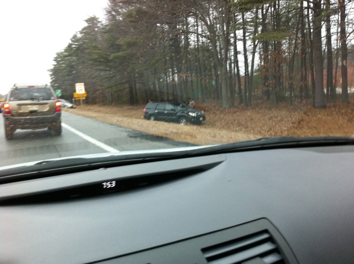 This reader-submitted photo shows a vehicle in a ditch in the Maine Mall area this morning.