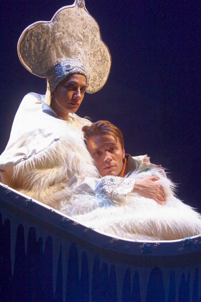 The Snow Queen (Patricia Buckley) bewitches Kai (Ian Carlsen) as she takes him off to the Land of Winter in "The Snow Queen."