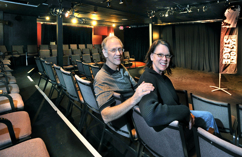 Bud and Julie George-Carlson, above, in the performance space at Freeport Factory Stage on Depot Street. Next up, a holiday production of Dickens’ “A Christmas Carol.”