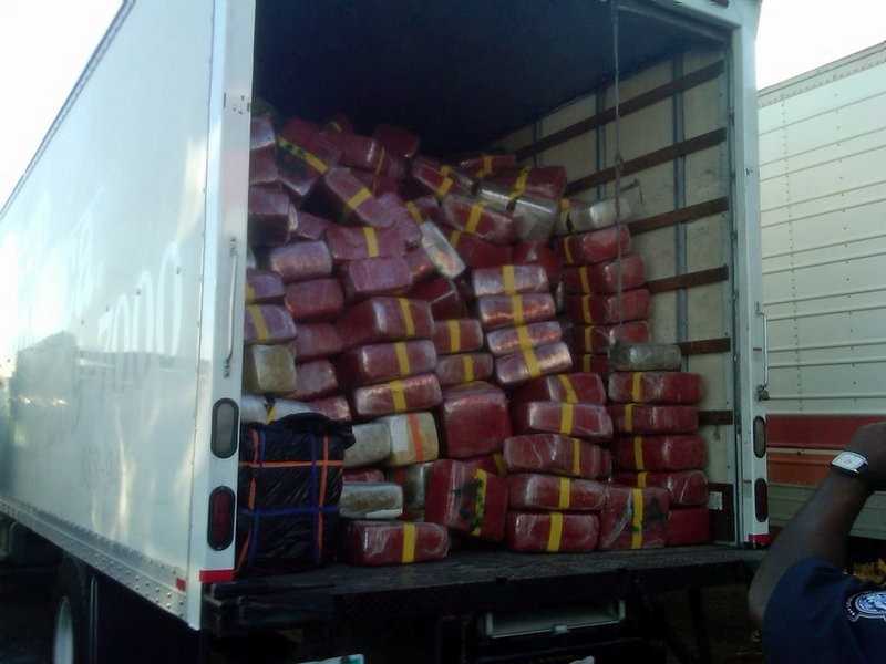 This photo provided by U.S. Immigration and Customs Enforcement shows a tractor-trailer loaded with more than nine tons of marijuana after it was seized Tuesday.