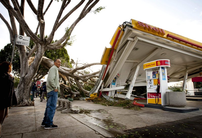 Keith Curo of Pasadena, Calif., stops to look over the damage caused by a fallen tree at a Shell gas station Thursday, as some of the worst winds in years blasted California overnight.