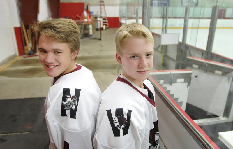 Gordon Potter, left, of Noble will be a teammate of Connor Pease of Wells this hockey season as the schools have combined to form a co-op team.