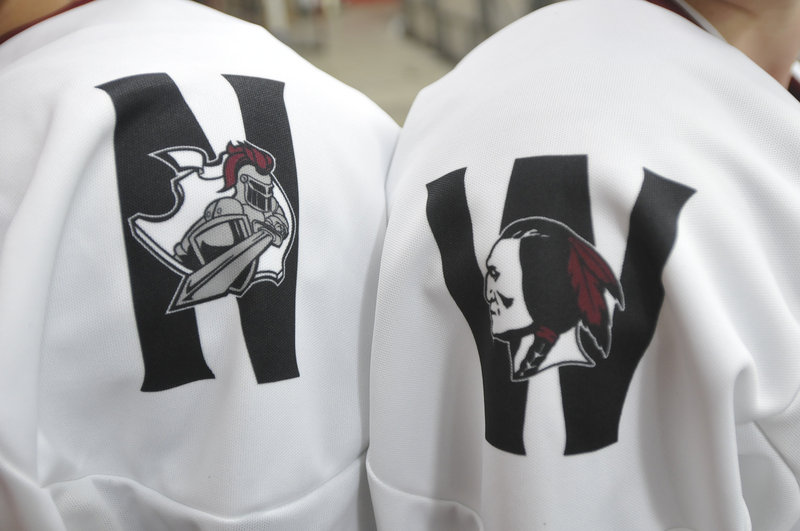 The Noble/Wells’ hockey uniform will represent both teams – the Wells Warrior logo on the right shoulder, the Noble Knights’ logo on the left.