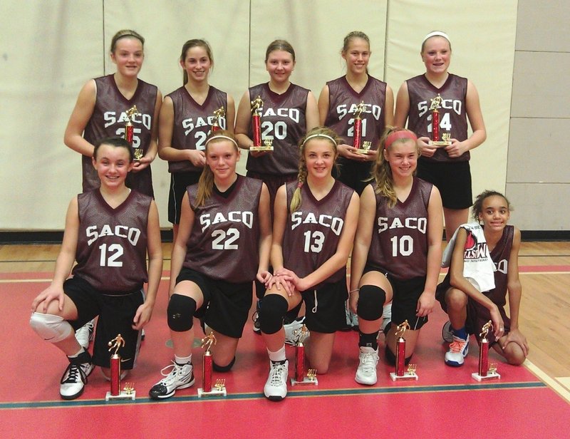 This Saco team won the Mustang Classic, a tournament for basketball travel teams. Front, left to right: Isabella Robinson, Kaylee Burns, Cassidy Cochrane, Lexi Nason, Alex Hart. Back, left to right: Kylee Austin, Olivia Libby, Paige Sawyer, Ashley Howe, Maizie Lee.