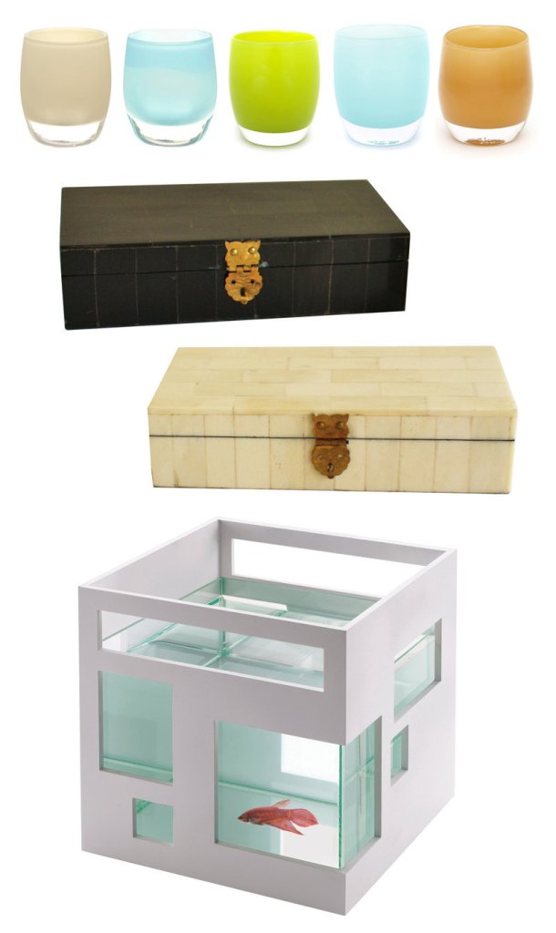 From top, Glassybaby votive holders; bone clad boxes by High Street Market; and Umbra’s fish hotel.