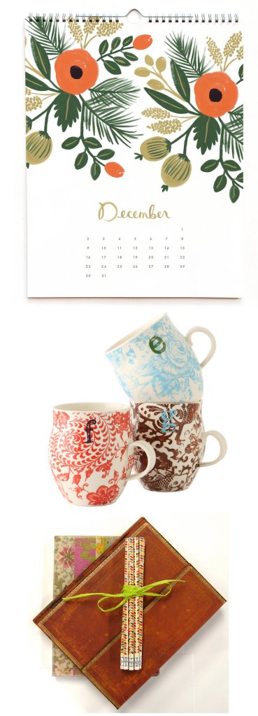 From top, Rifle Paper’s hand-painted botanical calendar; Anthropologie’s monogram mugs; and journals by Orange Circle Studio (partially hidden) and Paperblanks.