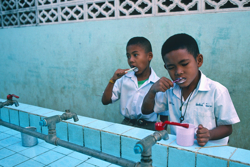 In this photograph by James Marshall from “Maine Photographers: Eyes on Asia,” two boys are seen brushing their teeth before class begins in Phetchburi, Thailand.