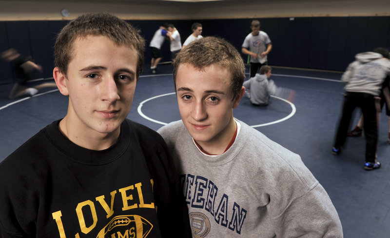 Zach Sheehan, left, and his brother, Connor, have formed a special wrestling bond, but are also accomplished vocalists in Fryeburg Academy’s music program.