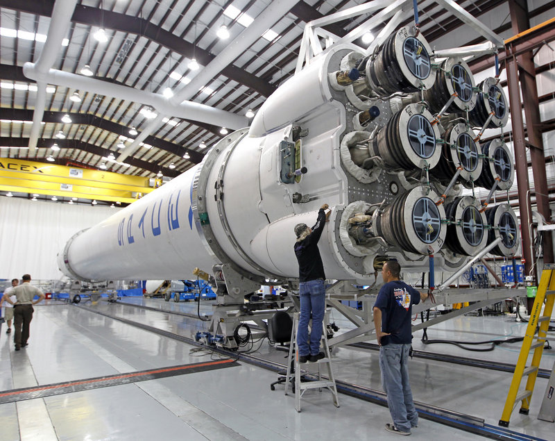 The Space X Falcon 9 rocket is being readied to carry cargo to the International Space Station. If the launch succeeds, Space X could end up transporting astronauts.