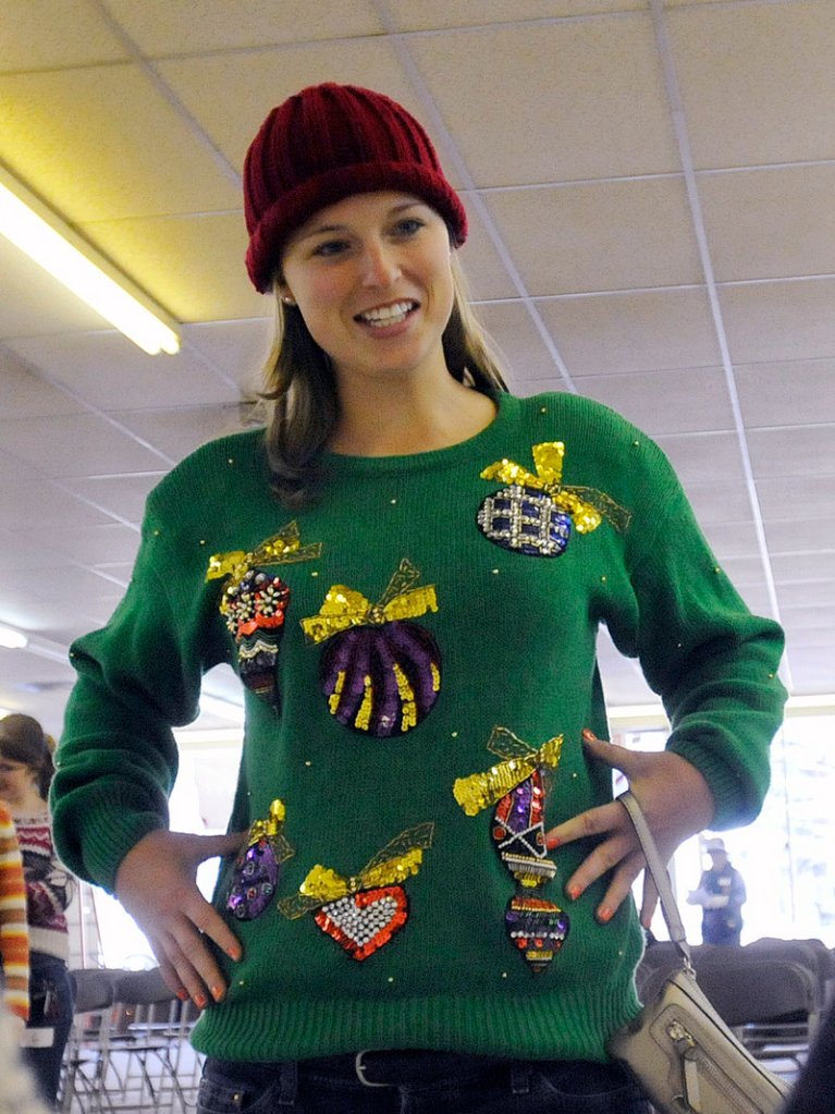 Brittney Bennett of Kennebunk sells her sweater to the judges.