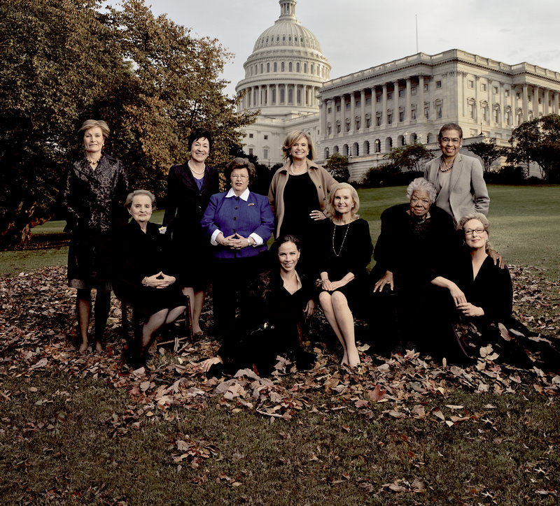 Crusaders for a National Women’s History Museum, from left: museum president Joan Wages, Madeleine Albright, Sen. Susan Collins, Sen. Barbara Mikulski, Barbara Bush (seated on ground), Rep. Carolyn Maloney, Patricia Nixon Cox, Maya Angelou, Rep. Eleanor Holmes Norton and Meryl Streep.