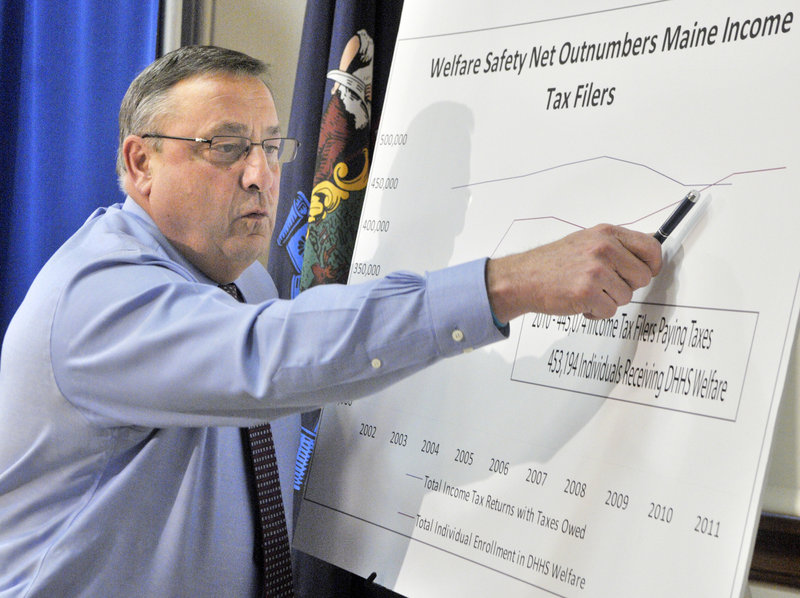 Gov. Paul LePage makes a point about the cost of state-provided MaineCare services Thursday at the State House. “We are far more generous than most other states in the nation,” he said. LePage has proposed cuts totaling about $220 million over the next 18 months.