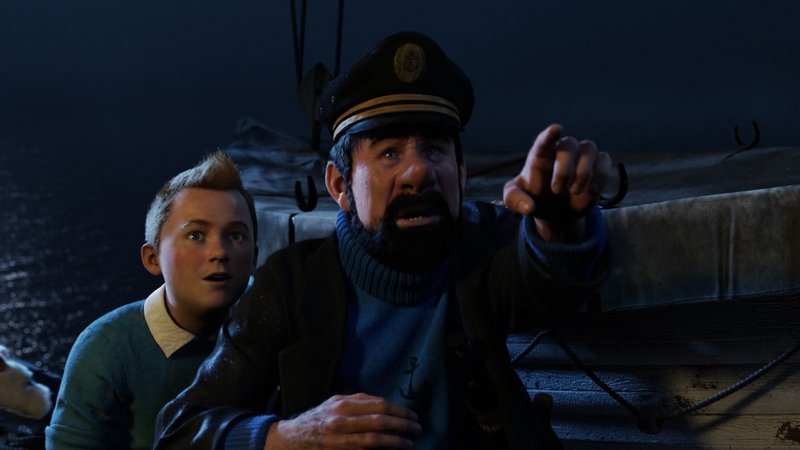 Tintin, voiced by Jamie Bell, and Capt. Haddock, voiced by Andy Serkis, in Steven Spielberg’s “The Adventures of Tintin.”