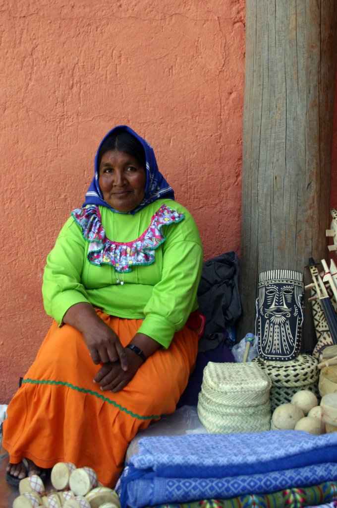 A Tarahumara woman sells goods in front of the Posada Barrancas Mirador hotel in Divisadero.