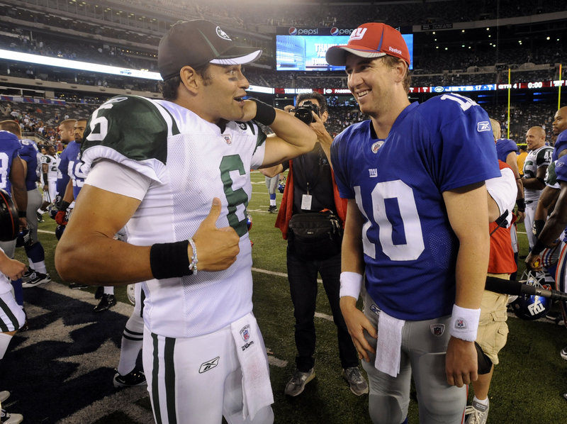 The opposing quarterbacks – Mark Sanchez of the Jets, left, and Eli Manning of the Giants – will have playoff berths on their minds when they meet Saturday.