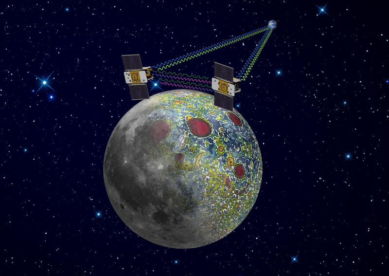 This artist rendering provided by NASA shows how the twin Grail spacecraft will be mapping the lunar gravity field. The two probes are scheduled to enter orbit around the moon over New Year’s weekend.