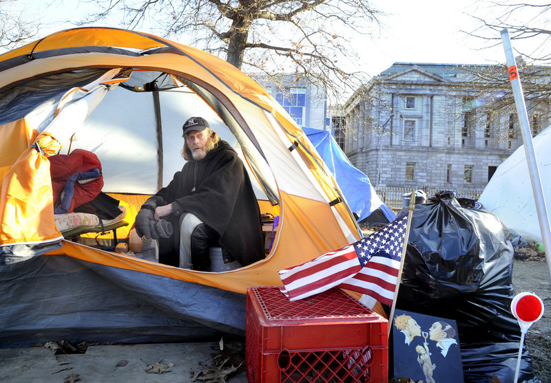 Harry Brown, 59, is among the Occupy Maine stalwarts who are remaining in the protest encampment at Lincoln Park in Portland despite the increasing cold.