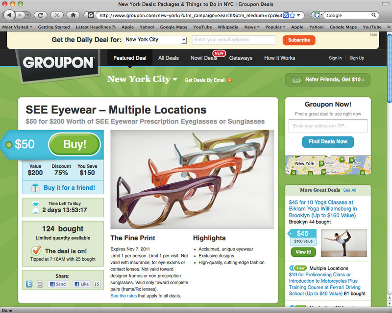 This screen shot shows eyewear coupons for the New York City area offered by Groupon.com.