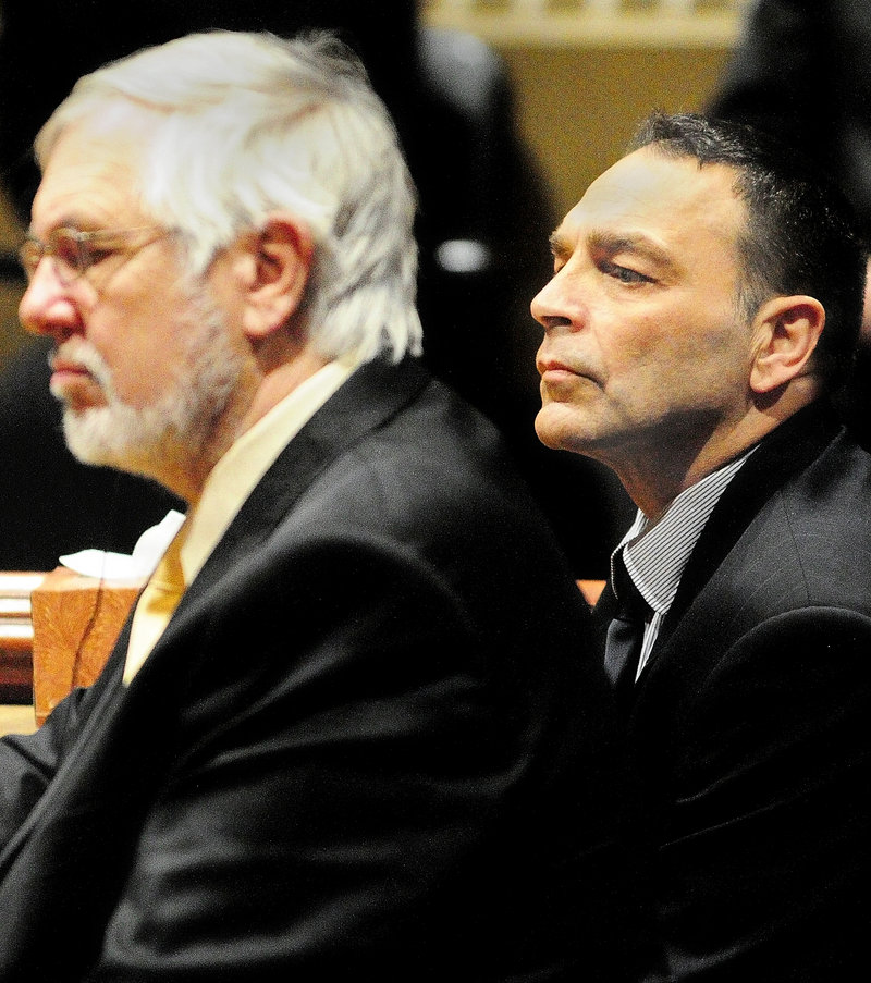 Raymond Bellavance Jr., right, and his attorney, Andrews Campbell, listen to the verdict Friday as a jury found him guilty of two charges of arson related to a June 3, 2009, fire that destroyed the Grand View Topless Coffee Shop in Vassalboro.