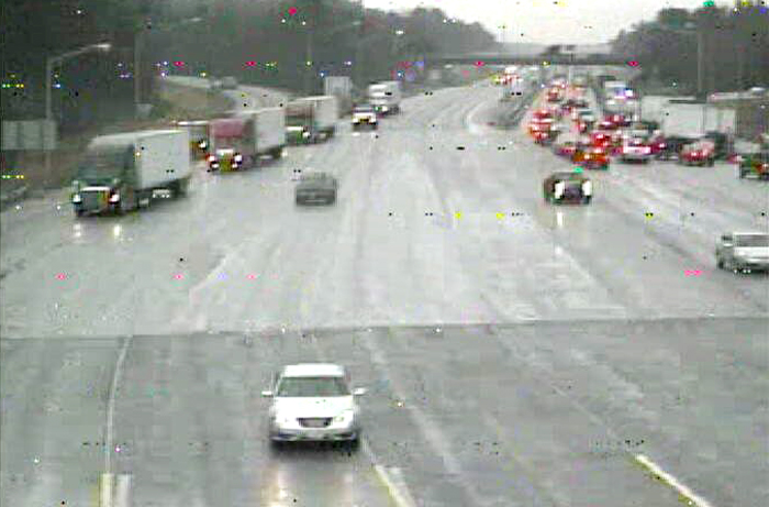 This image taken by a webcam on the turnpike at 10:26 a.m. shows traffic backed up at the York toll plaza. Southbound lanes are at a standstill for the entire seven-mile stretch between the Maine-NH border and the toll plaza. Motorists traveling south in that area of Maine need to be aware that the traffic conditions may not return to normal for several hours. this photo shows the southbound lane of the turnpike from the York toll booth