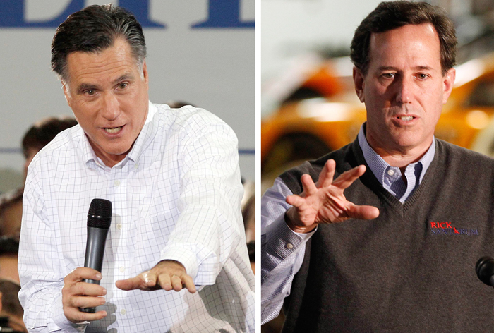 Republican presidential candidates former Massachusetts Gov. Mitt Romney, left, and former Pennsylvania Sen. Rick Santorum.