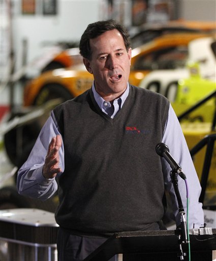 Republican presidential candidate, former Pennsylvania Sen. Rick Santorum speaks during a campaign appearance at the National Sprint Car Hall of Fame Saturday, Dec. 31, 2011, in Knoxville, Iowa. (AP Photo/Chris Carlson)