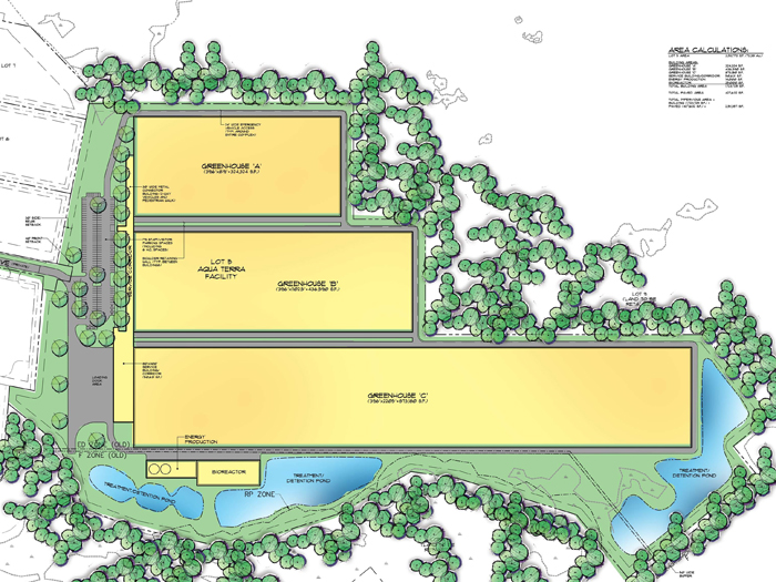 A concept drawing of the proposed Sebago Lakes greenhouse and fish farm facility. High-resolution pdf available below.