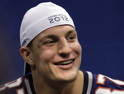 New England Patriots tight end Rob Gronkowski answers a question during Media Day for NFL football's Super Bowl XLVI Tuesday, Jan. 31, 2012, in Indianapolis. (AP Photo/Mark Humphrey)