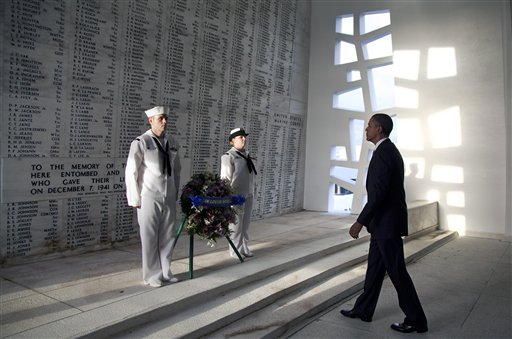 President Barack Obama participates in a wreath laying ceremony at the USS Arizona Memorial, part of the World War II Valor in the Pacific National Monument, Thursday, Dec. 29, 2011, in Pearl Harbor, Hawaii. (AP Photo/Carolyn Kaster) President Barack Obama participates in a wreath laying ceremony at the USS Arizona Memorial, part of the World War II Valor in the Pacific National Monument, Thursday, Dec. 29, 2011, in Pearl Harbor, Hawaii. (AP Photo/Carolyn Kaster)