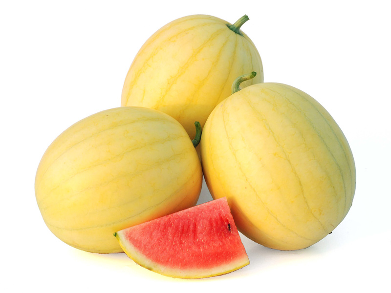 The Faerie watermelon has yellow skin with thin stripes and sweet pink flesh.