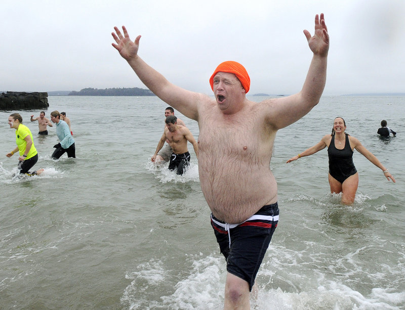 David Greenham of Readfield reacts after his plunge.