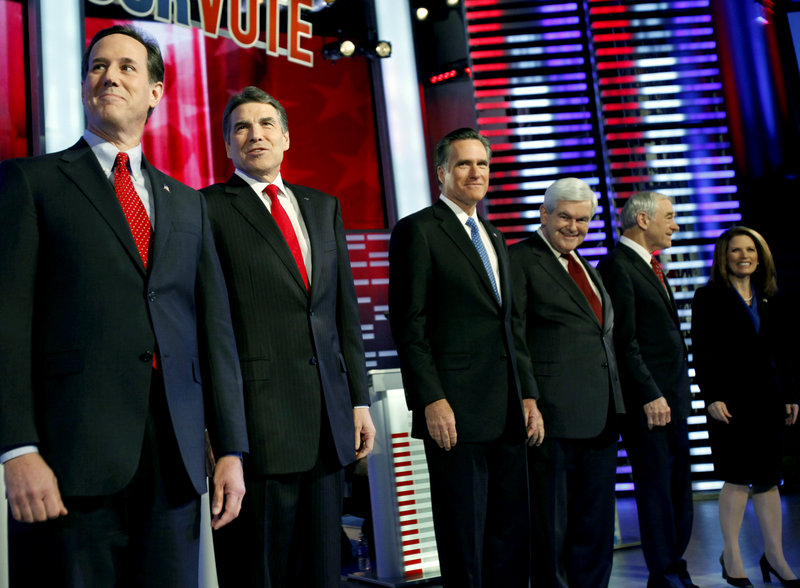 The GOP candidates, from left, former Pennsylvania Sen. Rick Santorum, Texas Gov. Rick Perry, former Massachusetts Gov. Mitt Romney, former Rep. Newt Gingrich, Rep. Ron Paul and Rep. Michele Bachmann, all contend they are best able to defeat President Obama.
