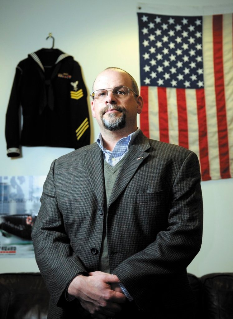 Chris Carson of Winthrop is enrolled at the University of Maine at Augusta through GI benefits he received after serving in the Coast Guard. He often studies at the veteran’s lounge at the school, which is adorned with relics of past conflicts.